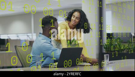Image of binary coding over diverse colleagues discussing work Stock Photo