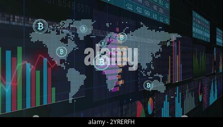 Image of digital data processing over bitcoin icons and world map Stock Photo