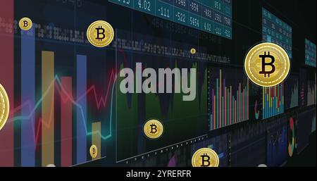 Image of digital data processing over bitcoin icons Stock Photo