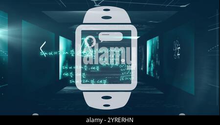 Image of smartwatch with ai text and mathematical data processing Stock Photo