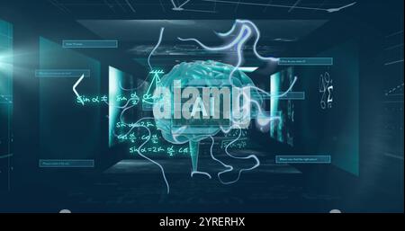 Image of human brain, ai text and mathematical data processing Stock Photo