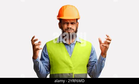 Mad Construction Worker Posing Gesturing Emotionally Over White Background, Panorama Stock Photo