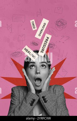 Creative artwork template sketch image 3D collage of young lady shocked omg face staring up overload fatigue burnout pressure emptiness Stock Photo