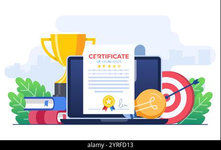 Certificate concept flat illustration vector template, Award, Prize and appreciation concept, Online education, training course, E-learning, Digital c Stock Vector