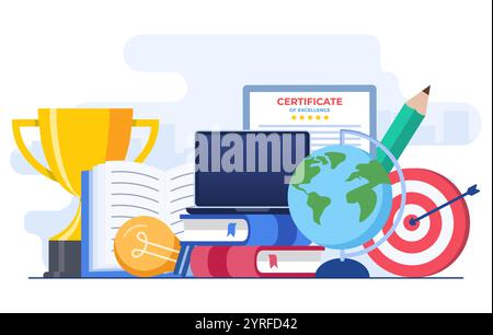 Online education concept flat illustration vector template, Gain knowledge and skills on internet, Watch video lectures, Graduate university, Online c Stock Vector