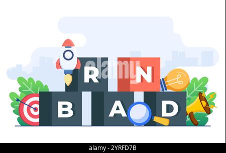 Brand building concept infographic flat vector illustration template for web banner, landing page, mobile app, Brand word lettering typography Stock Vector
