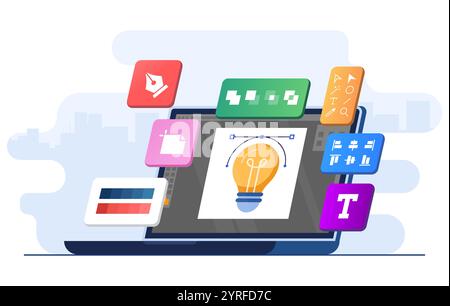 Graphic design software application on laptop screen flat illustration vector template, Design tools, symbols, icons and elements on screen, Creators Stock Vector