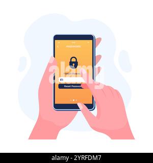 Hand holding smartphone with account password reset form page flat illustration vector template, Forgot password or change password, Account security, Stock Vector