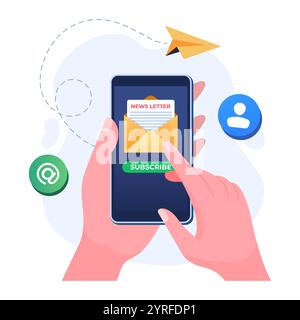 Hand holding smartphone with open envelope and document, Subscribe to newsletter flat illustration vector template, Email marketing concept for landin Stock Vector