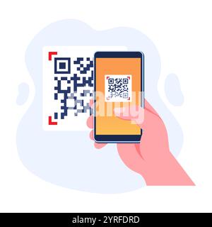 Hand holding mobile phone in the process of scanning QR code concept flat illustration vector template, Digital scanner app on screen for payment or i Stock Vector