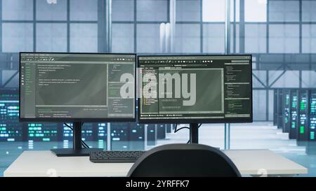 Interlinked computers in data center creating server network, using parallel computing to perform complex calculations and process large amounts of data, handheld camera shot Stock Photo