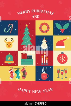 Merry Christmas modern and minimal design. Colourful vector illustration in flat geometric style Stock Vector