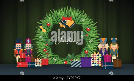 Christmas background with festive wreath and festive decorations Stock Vector