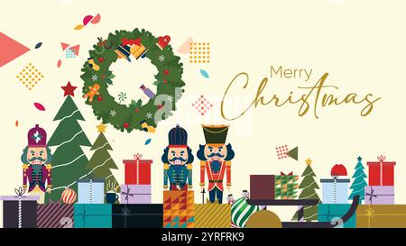 Christmas elements and festive icons background in flat vector illustration Stock Vector