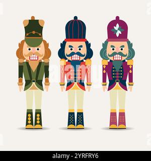 Set of Christmas nutcracker toy soldier traditional figurine Stock Vector