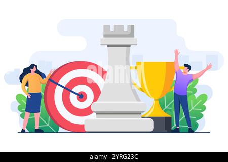 Business and marketing strategy concept flat vector illustration template, Strategic planning and tactics in business, Analyzing project, Financial re Stock Vector