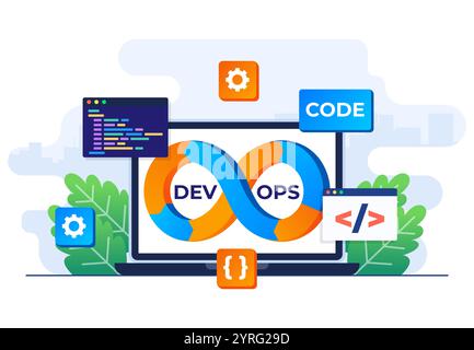 DevOps concept flat illustration vector template, Software development and IT operations, Sign of infinity as symbol software engineering, Technical s Stock Vector