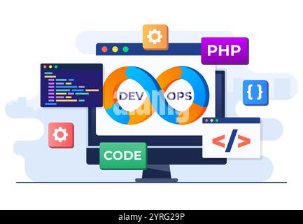 DevOps concept flat vector illustration, Software development and IT operation process, Technical support, DevOps Methodology, Administration developm Stock Vector