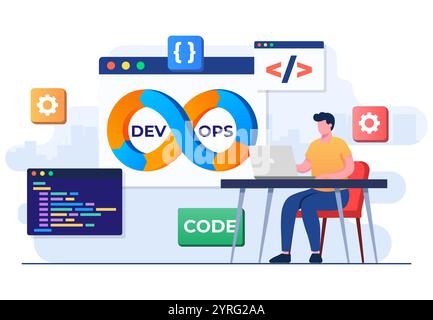 Programmers practice of development and software operations, DevOps Methodology, Technical support, Automation process, Software development and it op Stock Vector