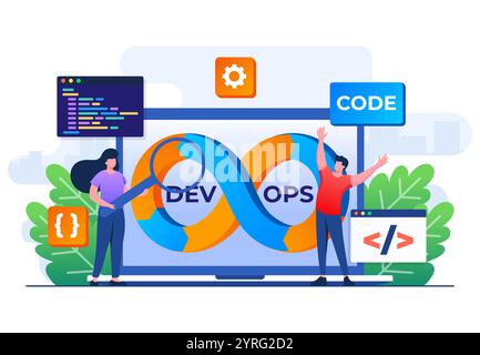 Programmers practice development and software operations, DevOps Methodology, Technical support, Automation process, Software development and IT opera Stock Vector