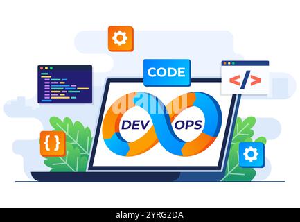 DevOps concept flat vector illustration, Software development and IT operation process, Technical support, DevOps Methodology, Administration developm Stock Vector