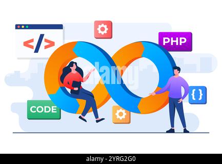 Programmers practice of development and software operations, DevOps Methodology, Technical support, Automation process, Software development and it op Stock Vector
