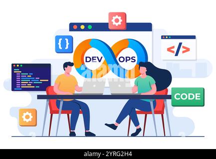 Programmers practice of development and software operations, DevOps Methodology, Technical support, Automation process, Software development and it op Stock Vector