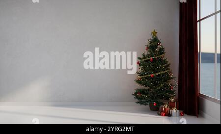 An empty room featuring a glowing Christmas tree and gift boxes under the tree by the window, a white flooring, and empty white wall. 3d render, 3d il Stock Photo