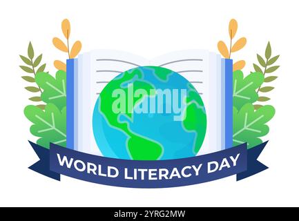 International Literacy Day flat vector illustration banner with opened book and globe, 8th September, Reading books, World Literacy Day celebration, H Stock Vector