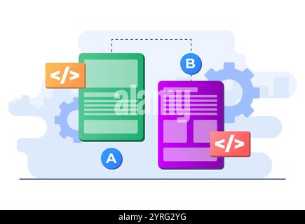 AB testing concept flat illustration vector template for website banner, Comparison split wireframe application on display smartphone, compare test re Stock Vector
