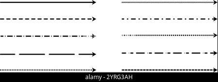 Black straight thin dashed arrow set. Long dotted arrows collection. Linear stripe element bundle for flyer, poster, brochure, booklet, banner. Doodle sketched pointers and direction lines. Vector Stock Vector