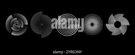 Radial spiral pattern set. Circular spinning speed lines form collection. Rotating circle sound wave concepts. Abstract sunburst ray and beam design element for icon, badge, logo, tag, label. Vector Stock Vector