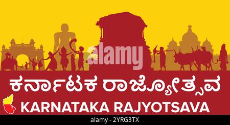 Karnataka Rajyotsava, Karnataka state formation Day, text in the main content is Karnataka rajyotsava in kannada language Stock Vector