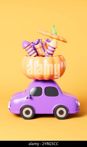 Cartoon Gifts and fireworks in the pumpkin shaped box, Thanksgiving gift, Halloween gift, 3d rendering. 3d illustration. Stock Photo