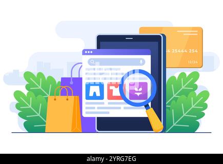 Online clothing store website on web browser on laptop flat vector illustration template, Clothes in catalog of e-shop, Online shopping, internet sale Stock Vector