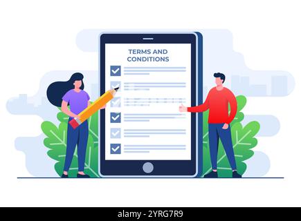 Terms and conditions concept flat vector illustration, Business people reading checklist of rules and regulation standards, Privacy policy, Legal noti Stock Vector