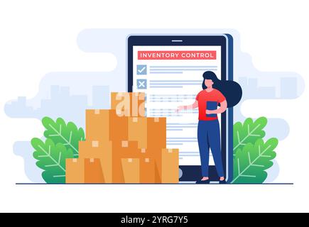 Online product inventory management concept flat vector illustration concept, Warehouse management, Managing incoming and outgoing goods Stock Vector