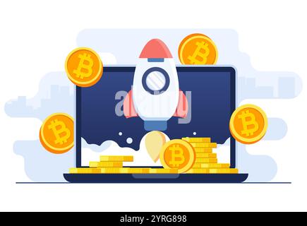 Rocket successfully taking off from laptop screen, Virtual money capitalization rise, Bull market concept, Growing bitcoin, Blockchain technology, Cry Stock Vector