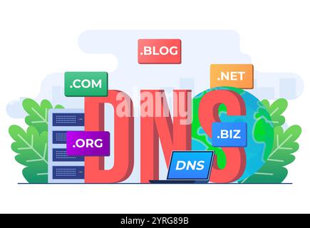 Domain name system concept flat illustration vector template, DNS, Website domain name, Internet or cyberspace, Domain registration web page, Choose, Stock Vector