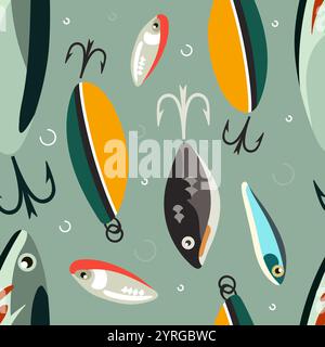 Seamless fishing baits pattern. Colorful lures, metal hooks, different shapes plastic fish imitations, repeated spinners. Decor textile, wrapping Stock Vector