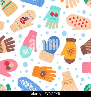 Cute mittens and gloves seamless pattern. Cartoon warm clothes, winter knitted accessories, repeated wool hand wear. Decor textile, wrapping Stock Vector