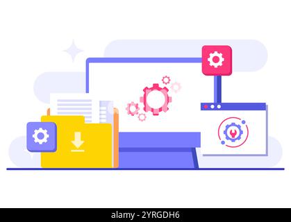 System maintenance flat vector illustration, Error, Fixing trouble, Device updating, Software system under maintenance, Software upgrade process on de Stock Vector