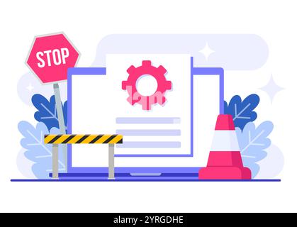 Laptop with system upgrade process, Software update flat vector illustration, System maintenance, update process, install software, operating system Stock Vector