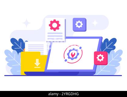 System maintenance flat vector illustration, Error, Fixing trouble, Device updating, Software system under maintenance, Software upgrade process on de Stock Vector