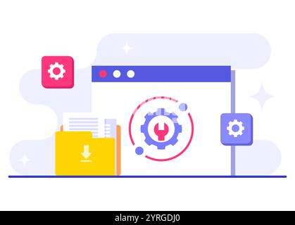 System maintenance flat vector illustration, Error, Fixing trouble, Device updating, Software system under maintenance, Software upgrade process on de Stock Vector