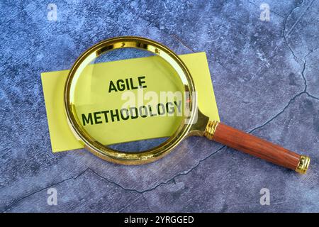 Risk assessment, product quality. Business organization. AGILE METHODOLOGY words written through a magnifying glass, top view on yellow paper. Stock Photo