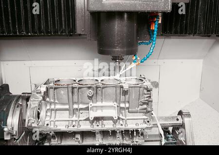 Milling process of metalworking. Industrial Metal Processing with CNC Mill.  Stock Photo