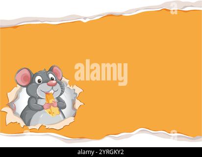 A cute mouse holding cheese in a torn frame Stock Vector