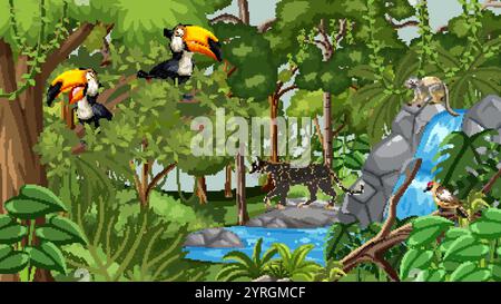 Toucans, leopard, and waterfall in vibrant rainforest Stock Vector