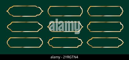 Islamic frames. Set of golden Arabian borders on dark background. Collection of arches in oriental style. Muslim holiday elements. Vintage Vector Stock Vector